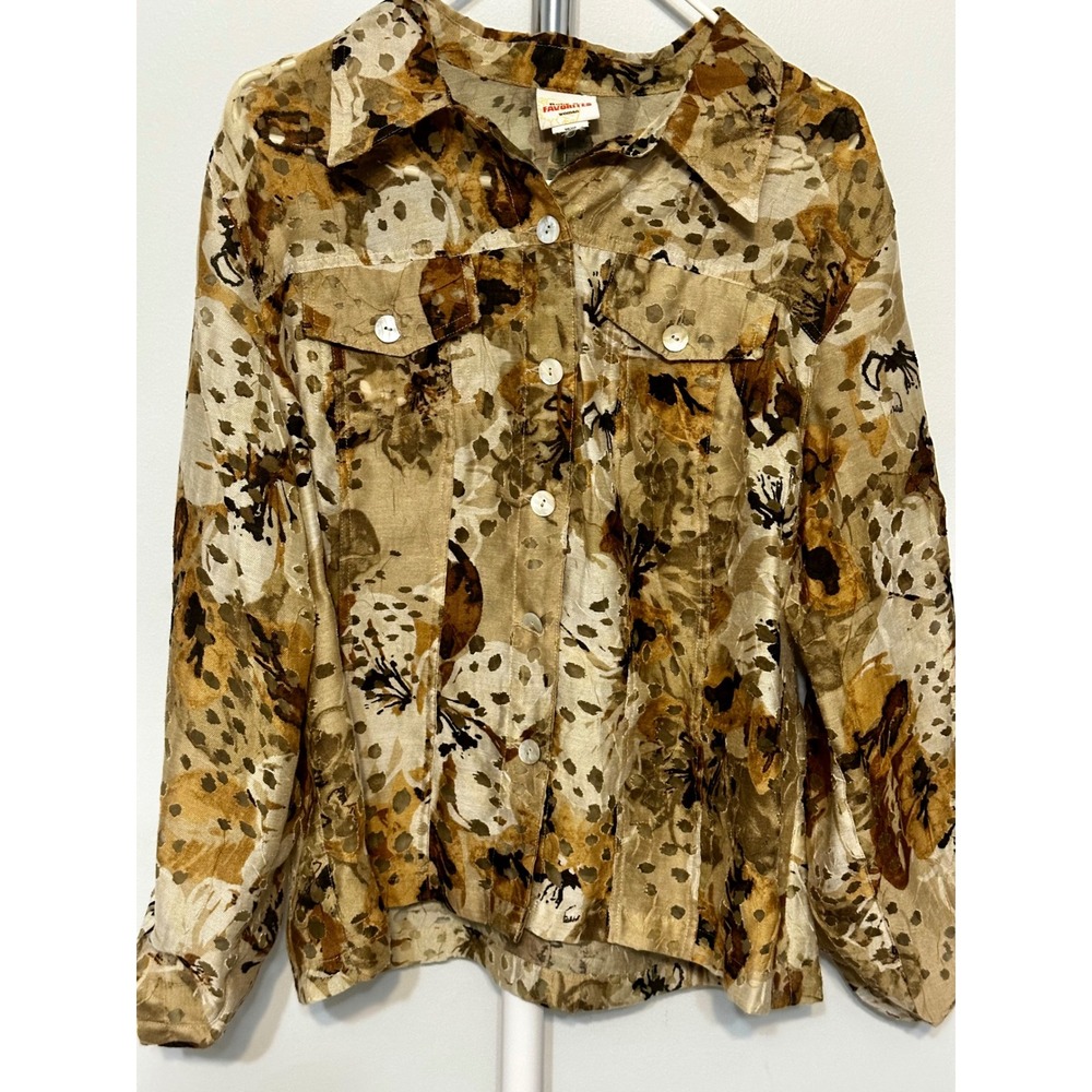 Ruby Rd Favorites Woman Blouse 16W Brown Tan Floral Burnout Eyelet Button Front